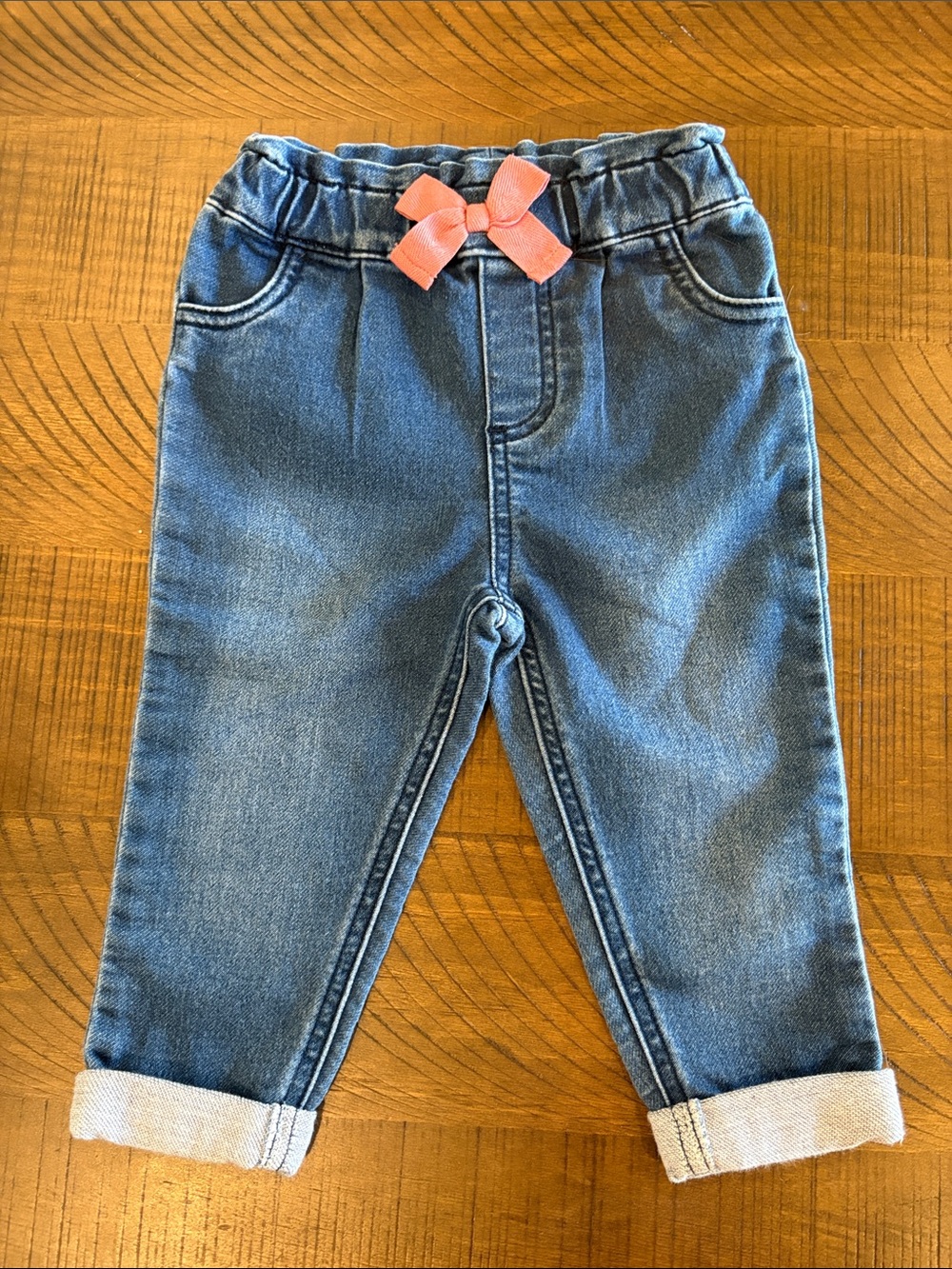 Baby Girl Cuffed Skinny Jeans with Pink Bow Waist Detail